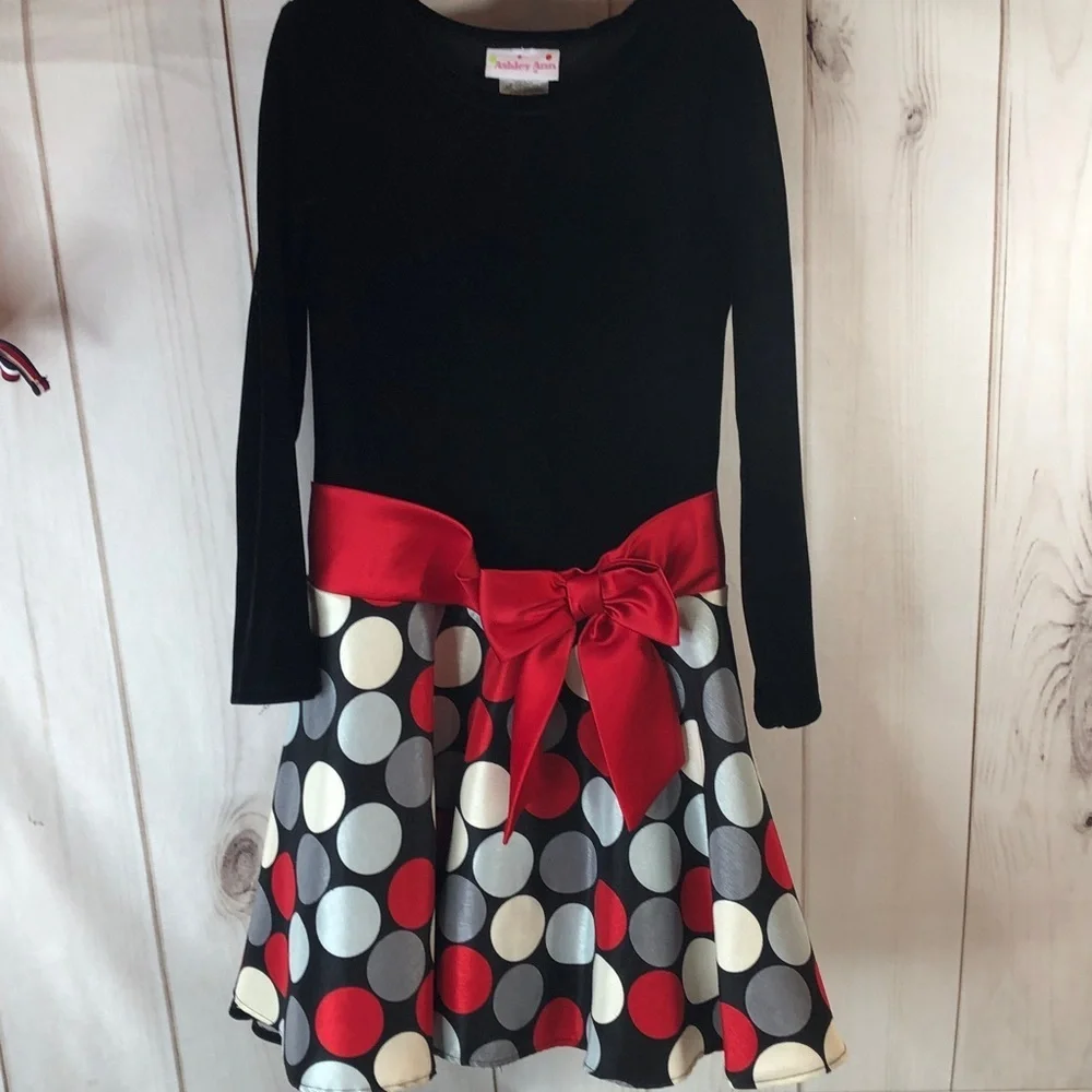 Ashley Ann Christmas Dress Black Velvet Red Gray White Dot Skirt Girls 8 NWOT